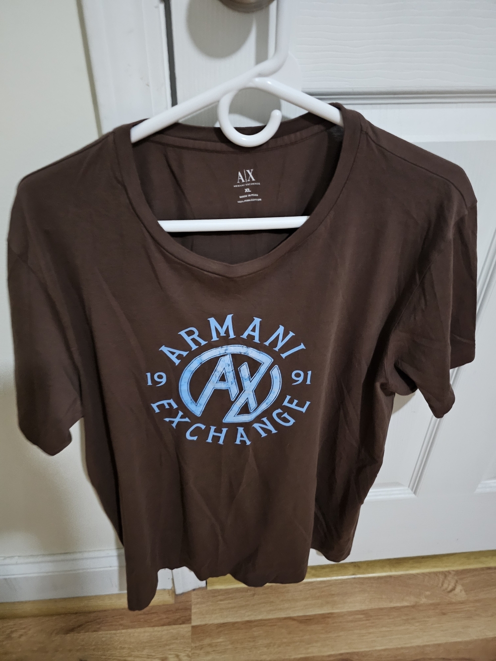 Armani Exchange Brown Logo Tee with Light Blue Print